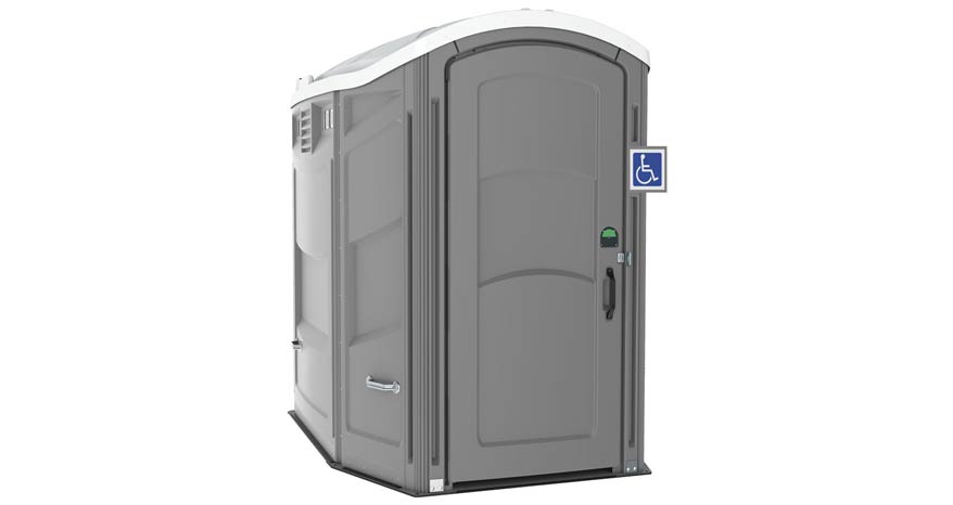 Accessible portable toilet with handicap sign.